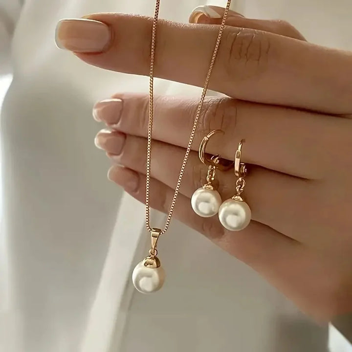 3-Piece Round Pearl Jewelry Set with Earring & Necklace for Women
