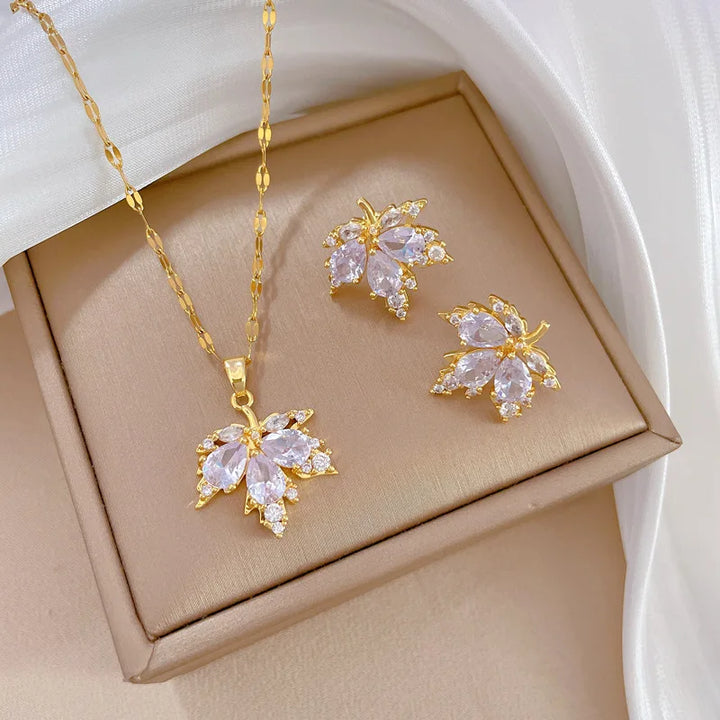 ZAKOL Luxury Zircon Maple Leaf Jewelry Set for Women