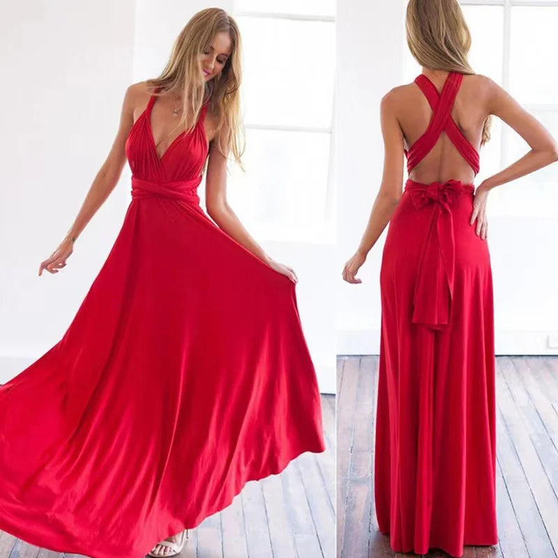 Sexy Women Multiway Wrap Convertible Boho Maxi Club Red Dress