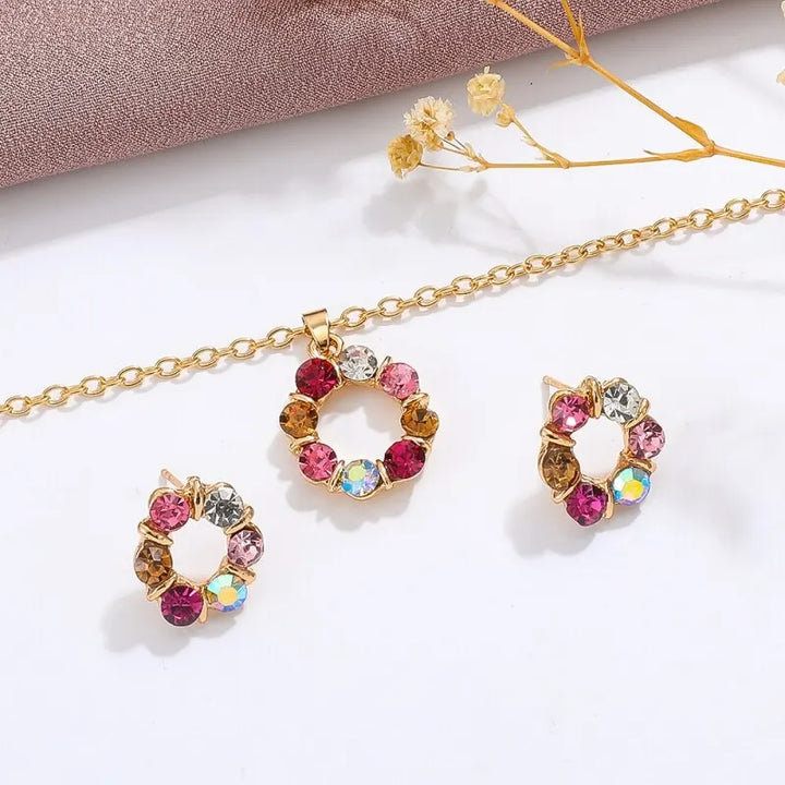 3pcs Gold Necklace & Earrings Set – Celebrity Style, Diamond Circle Design