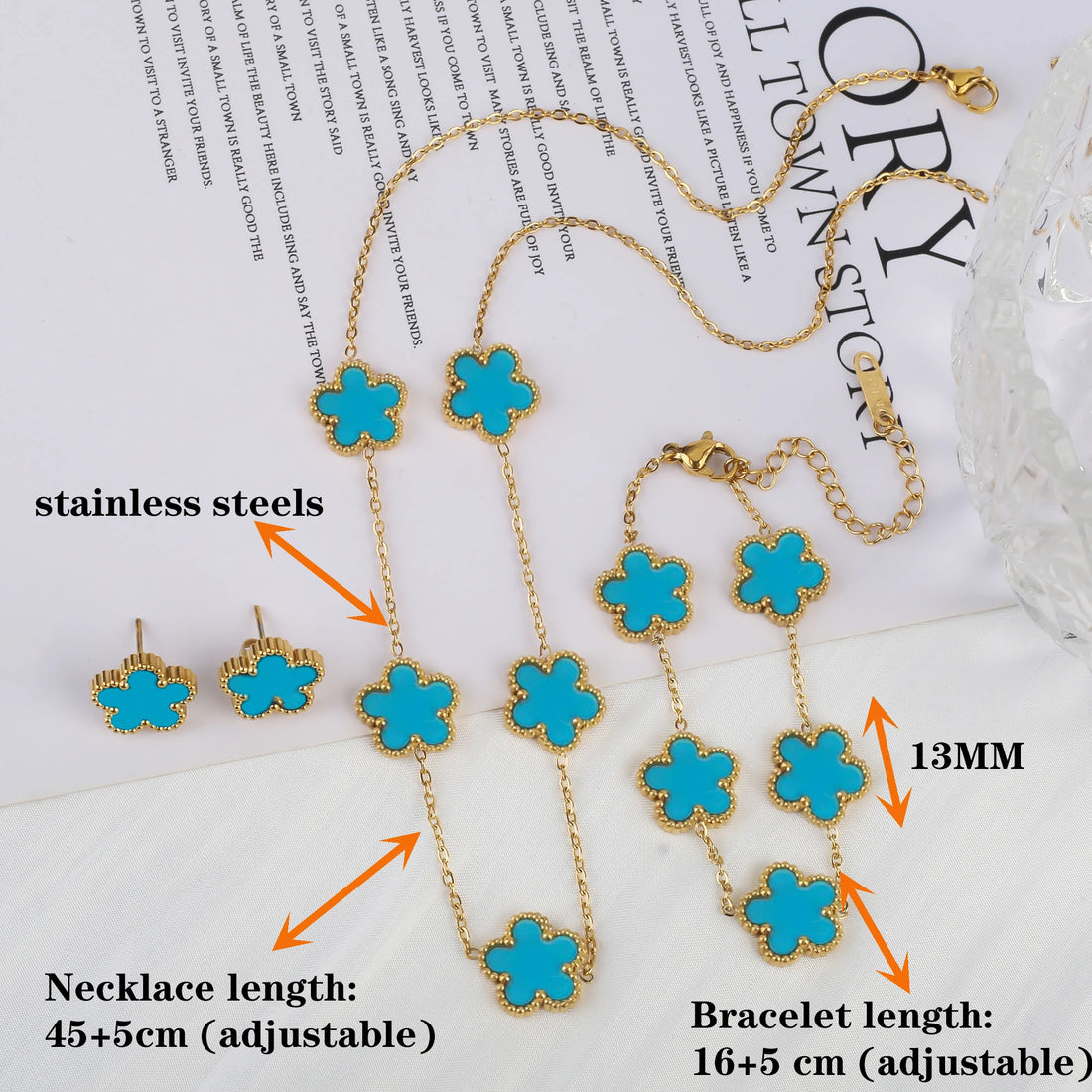 3Pcs 18K Gold-Plated Five-Leaf Flower Jewelry Set – Necklace, Earrings