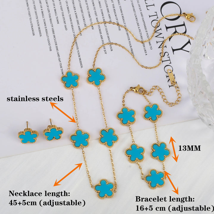 3Pcs 18K Gold-Plated Five-Leaf Flower Jewelry Set – Necklace, Earrings