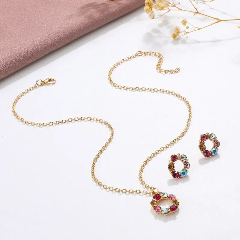3pcs Gold Necklace & Earrings Set – Celebrity Style, Diamond Circle Design