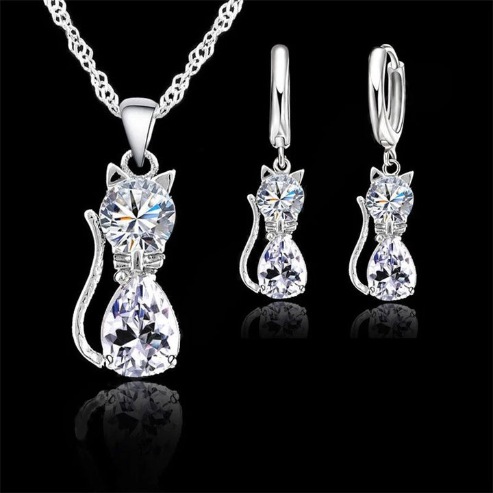 Cute Cat 925 Silver Crystal Jewelry Set for Women & Girls