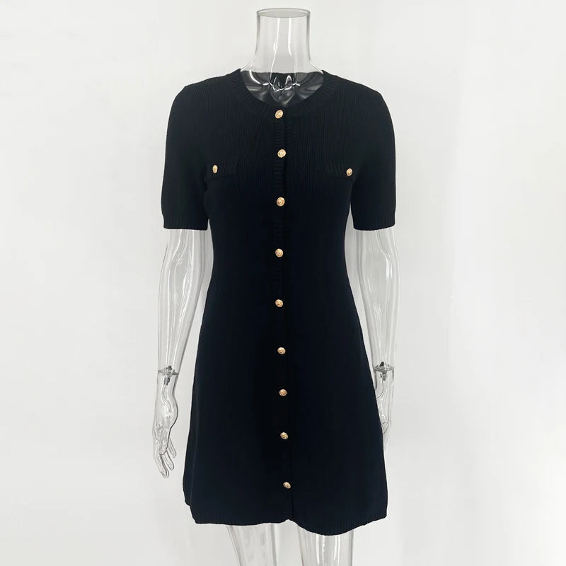 Elegant White Knitted Mini Dress with Metal Buttons – Slim Fit, Short Sleeve Party Dress for Women