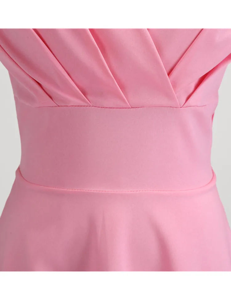 Pink Summer Dress Women V-Neck Vintage Robe A-Line Midi Party Office Dress
