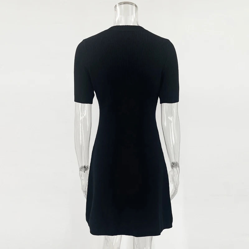 Elegant White Knitted Mini Dress with Metal Buttons – Slim Fit, Short Sleeve Party Dress for Women