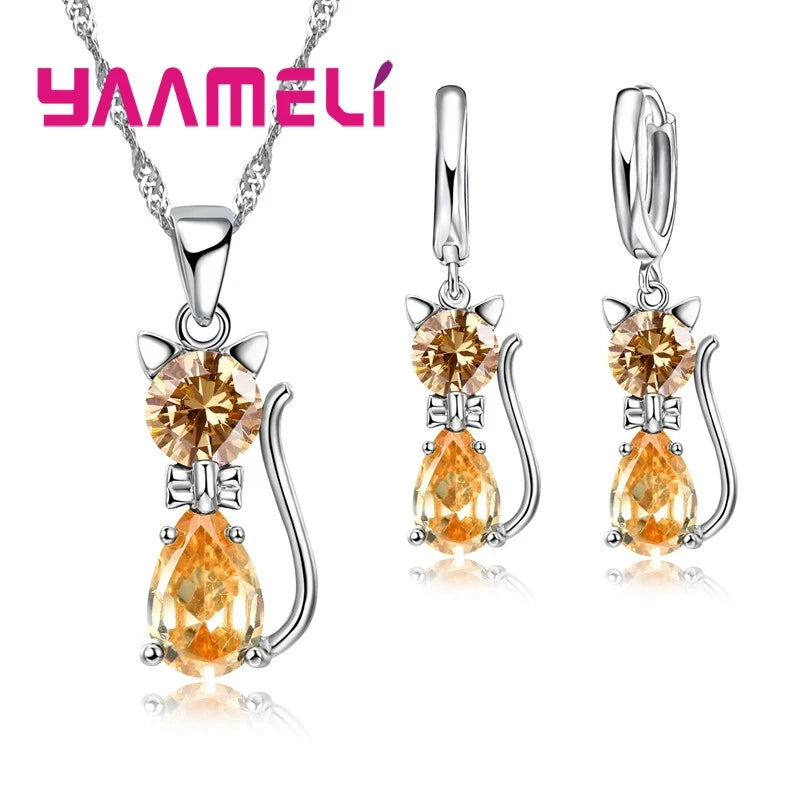Cute Cat 925 Silver Crystal Jewelry Set for Women & Girls