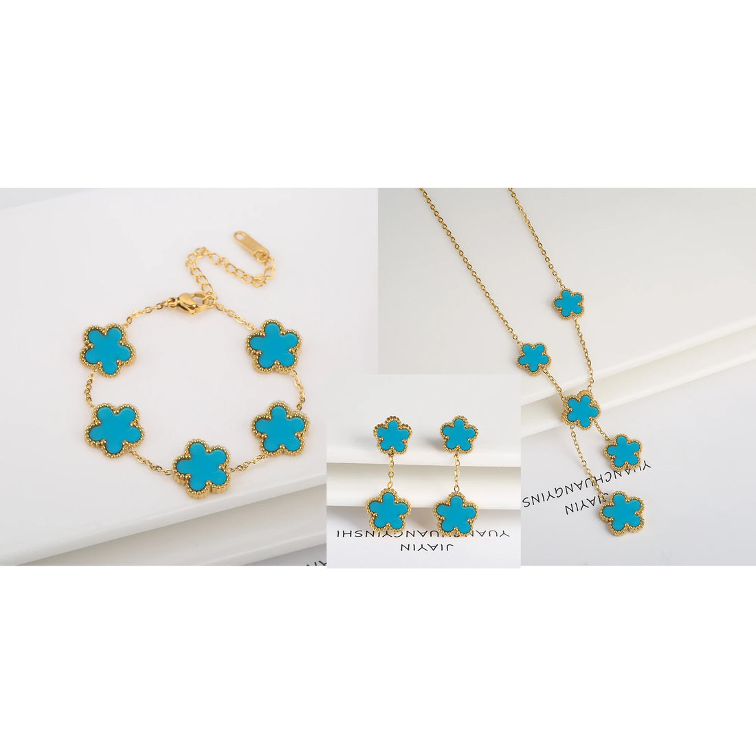 3Pcs 18K Gold-Plated Five-Leaf Flower Jewelry Set – Necklace, Earrings
