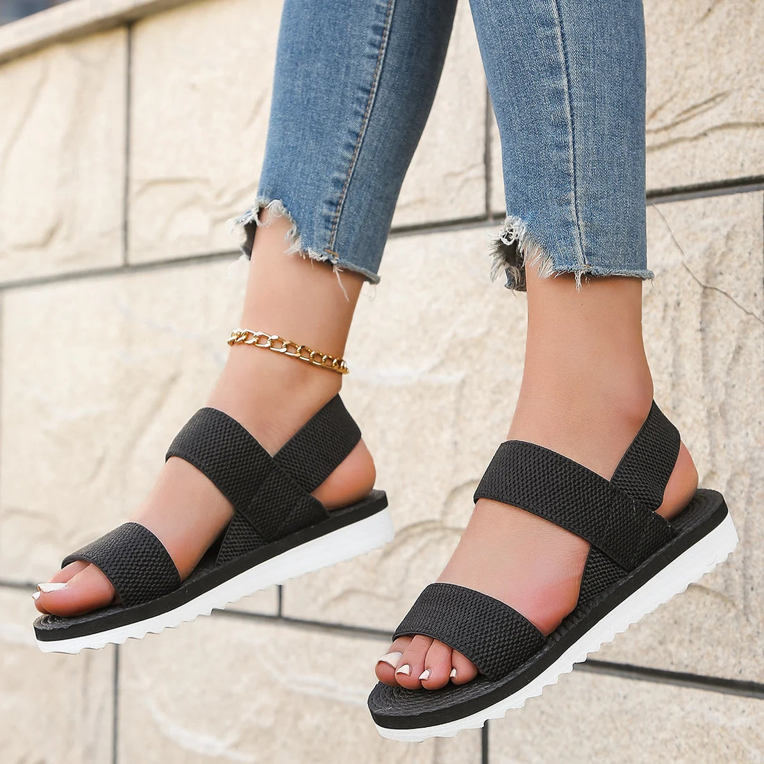Women's Trendy Flat Sandals with Color Sole & Black Laces