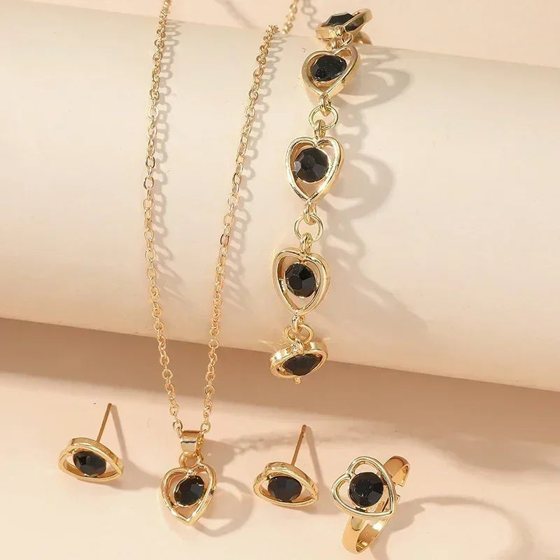 5PCS Gold Heart-Shaped Rhinestone Jewelry Set for Women