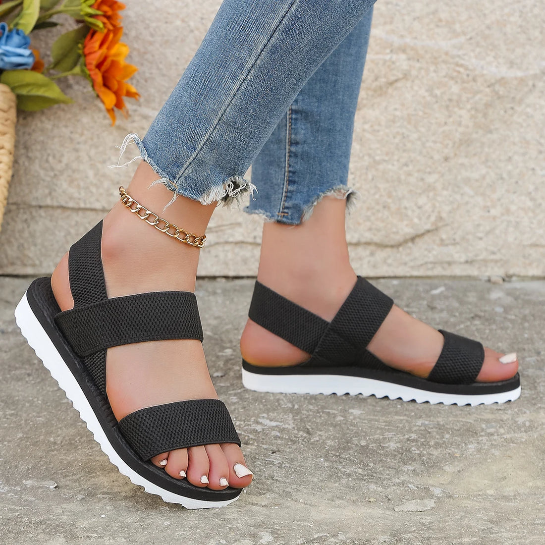 Women's Trendy Flat Sandals with Color Sole & Black Laces