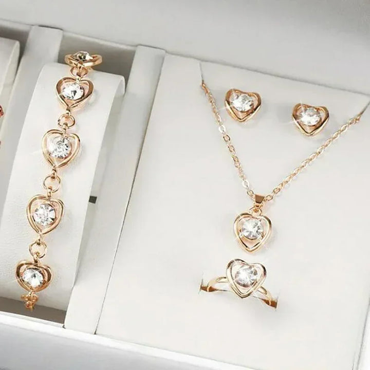 5PCS Gold Heart-Shaped Rhinestone Jewelry Set for Women