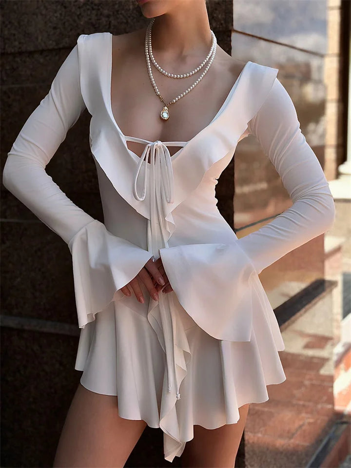 Ruffled Lace-Up White Mini Dress – V-Neck, Long Sleeve, Slim Fit