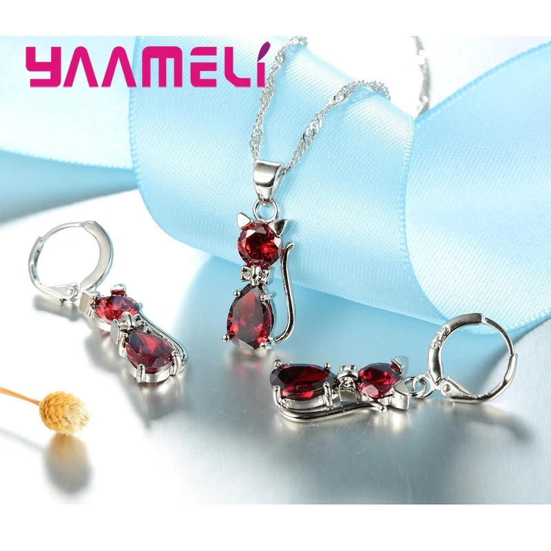 Cute Cat 925 Silver Crystal Jewelry Set for Women & Girls