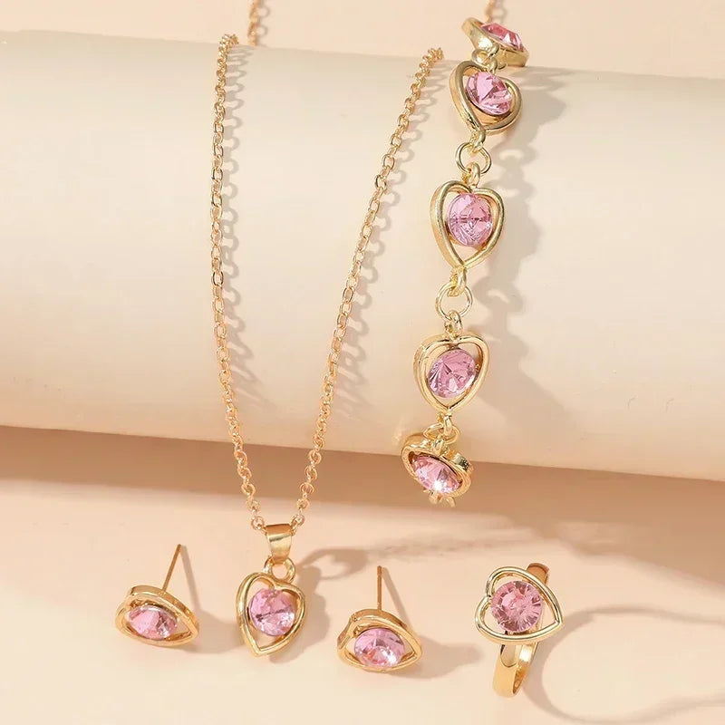 5PCS Gold Heart-Shaped Rhinestone Jewelry Set for Women