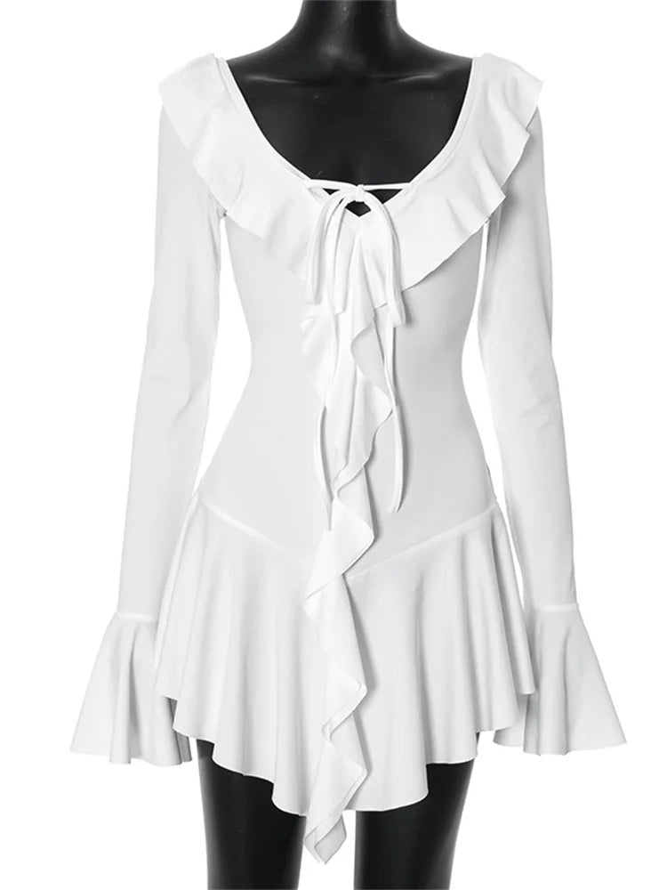 Ruffled Lace-Up White Mini Dress – V-Neck, Long Sleeve, Slim Fit