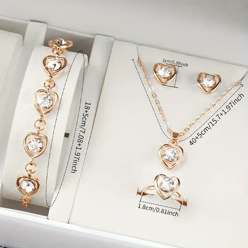 5PCS Gold Heart-Shaped Rhinestone Jewelry Set for Women