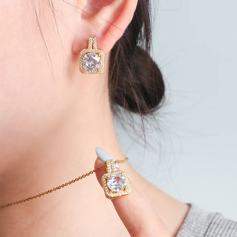 Luxury Square Zircon Necklace, Earrings & Ring Set