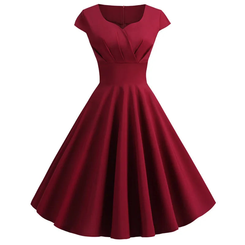 Pink Summer Dress Women V-Neck Vintage Robe A-Line Midi Party Office Dress