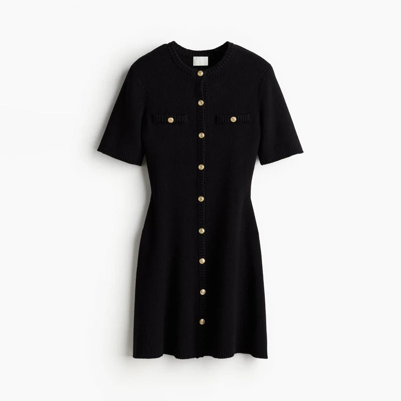 Elegant White Knitted Mini Dress with Metal Buttons – Slim Fit, Short Sleeve Party Dress for Women