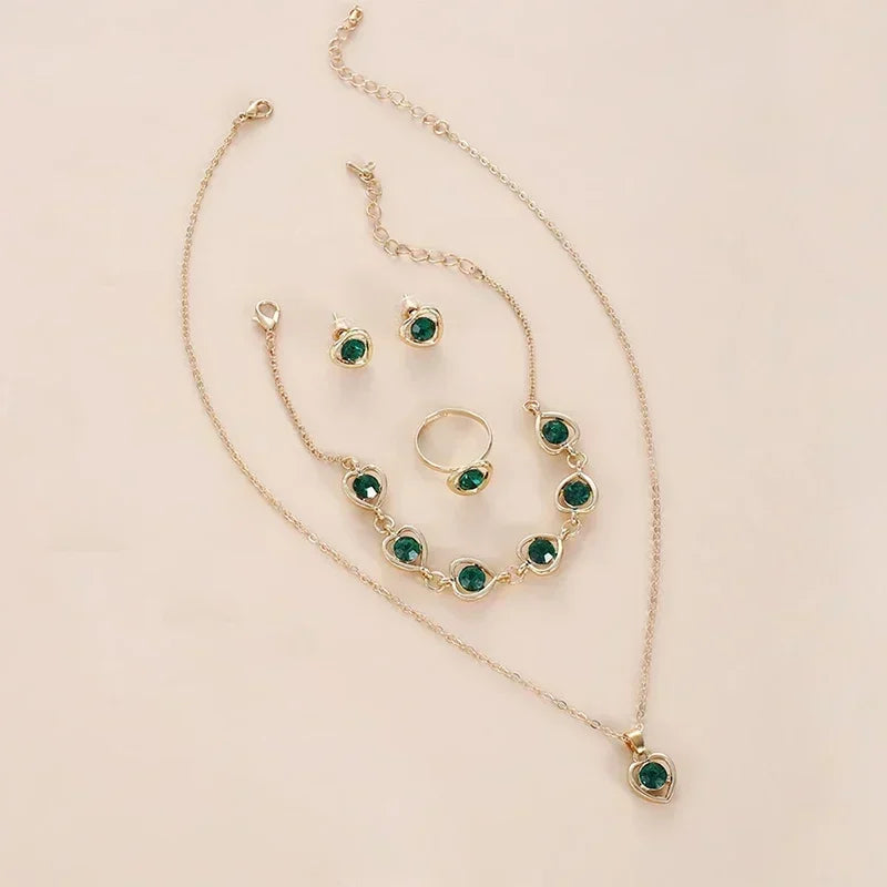 5PCS Gold Heart-Shaped Rhinestone Jewelry Set for Women