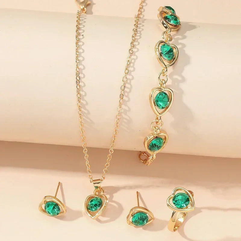5PCS Gold Heart-Shaped Rhinestone Jewelry Set for Women
