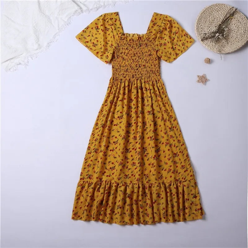 Spring Summer Chiffon Midi Dress for Women - Floral, Pleated, Backless, Casual