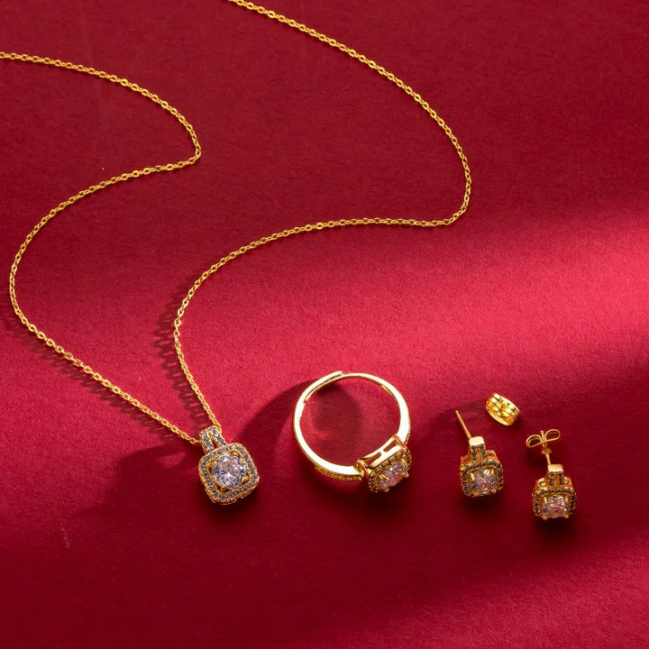 Luxury Square Zircon Necklace, Earrings & Ring Set