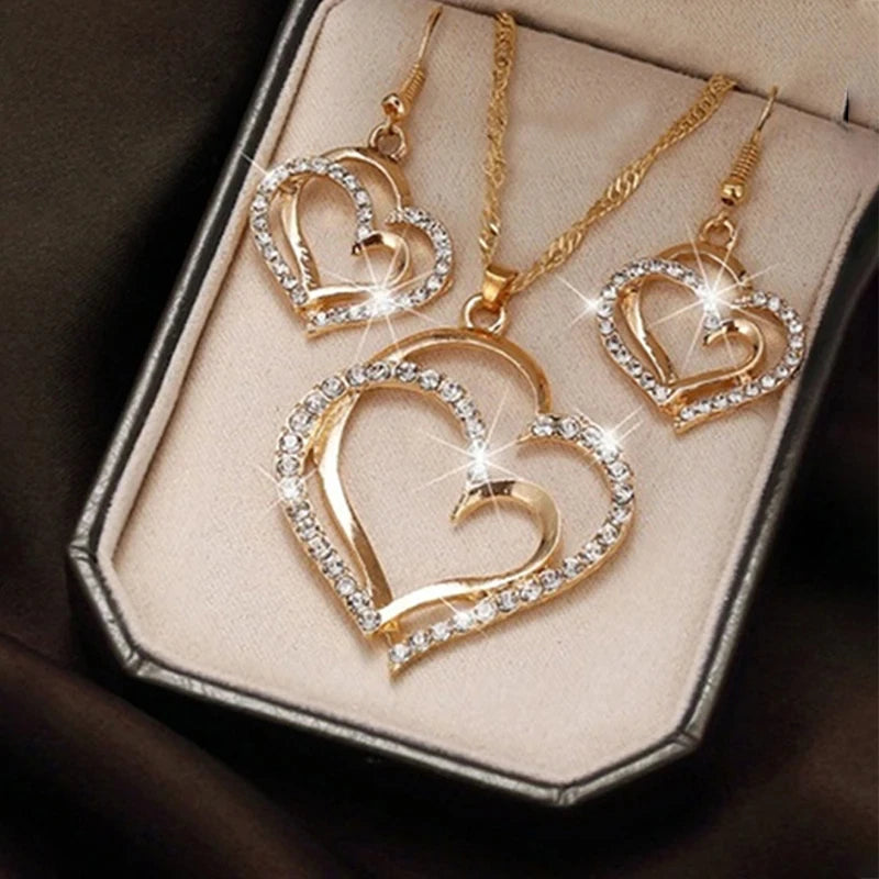 3 Pcs Heart Shaped Jewelry Set - Earrings, Pendant & Necklace for Women