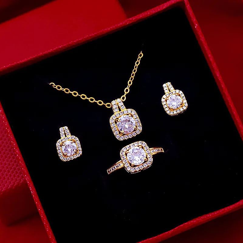 Luxury Square Zircon Necklace, Earrings & Ring Set