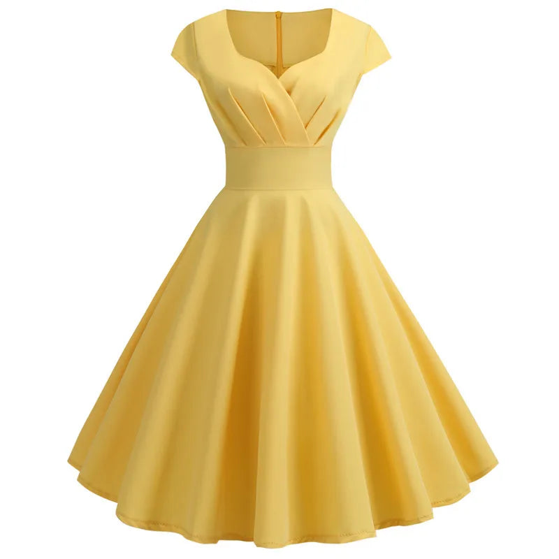 Pink Summer Dress Women V-Neck Vintage Robe A-Line Midi Party Office Dress