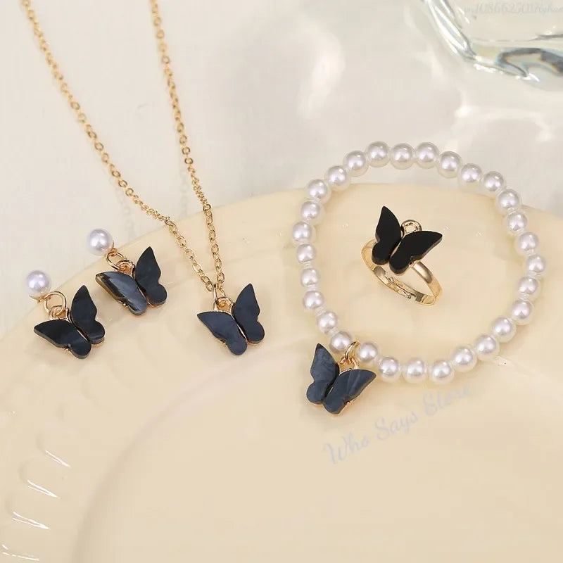 4Pcs Butterfly Pearl Jewelry Set for Women