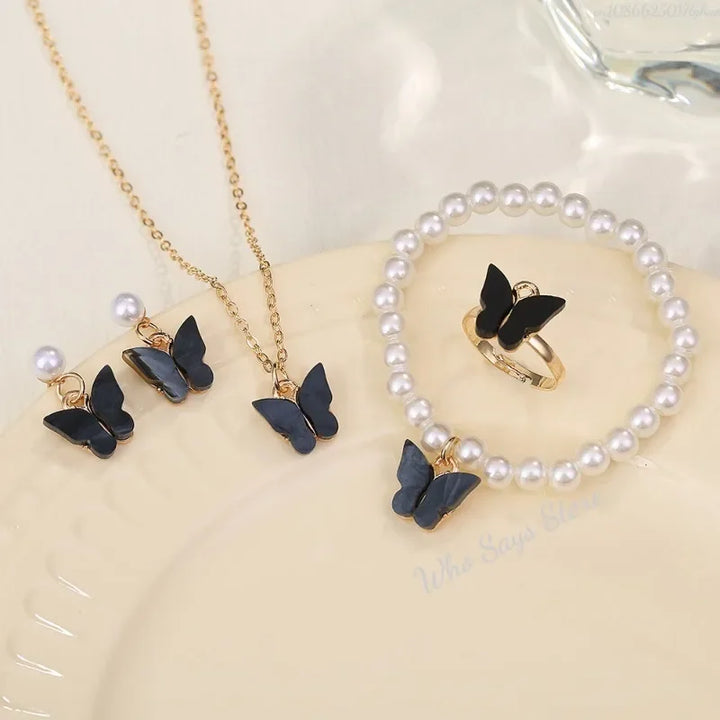 4Pcs Butterfly Pearl Jewelry Set for Women
