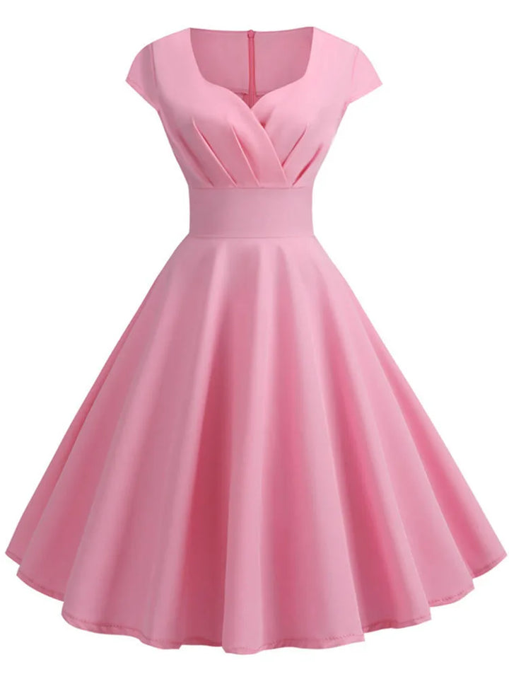 Pink Summer Dress Women V-Neck Vintage Robe A-Line Midi Party Office Dress