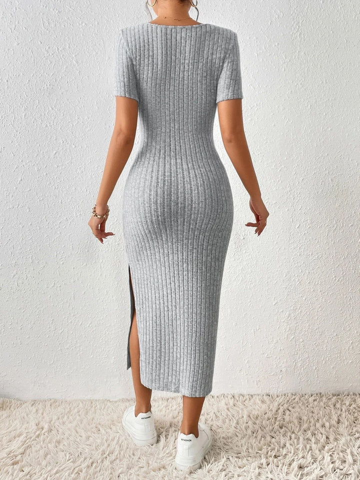 Women’s Casual Knitted Dress – Square Collar, Side Slit