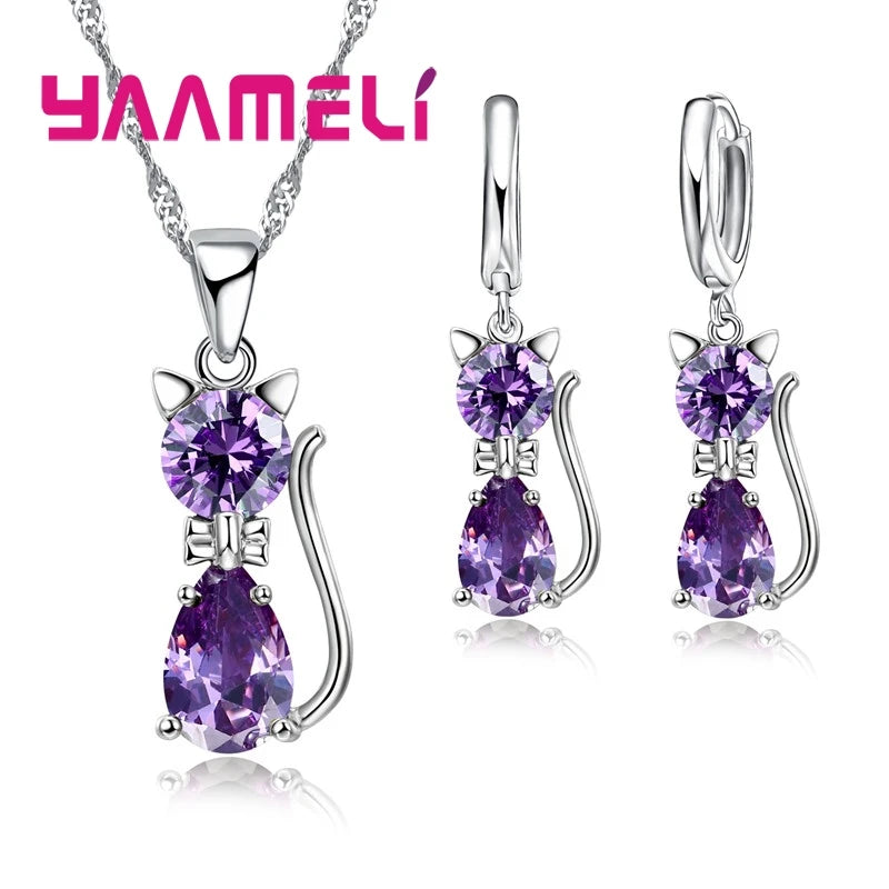 Cute Cat 925 Silver Crystal Jewelry Set for Women & Girls