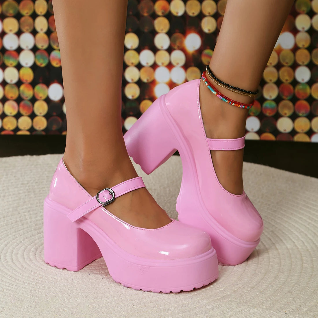 Black Chunky Platform Mary Jane Pumps for Women