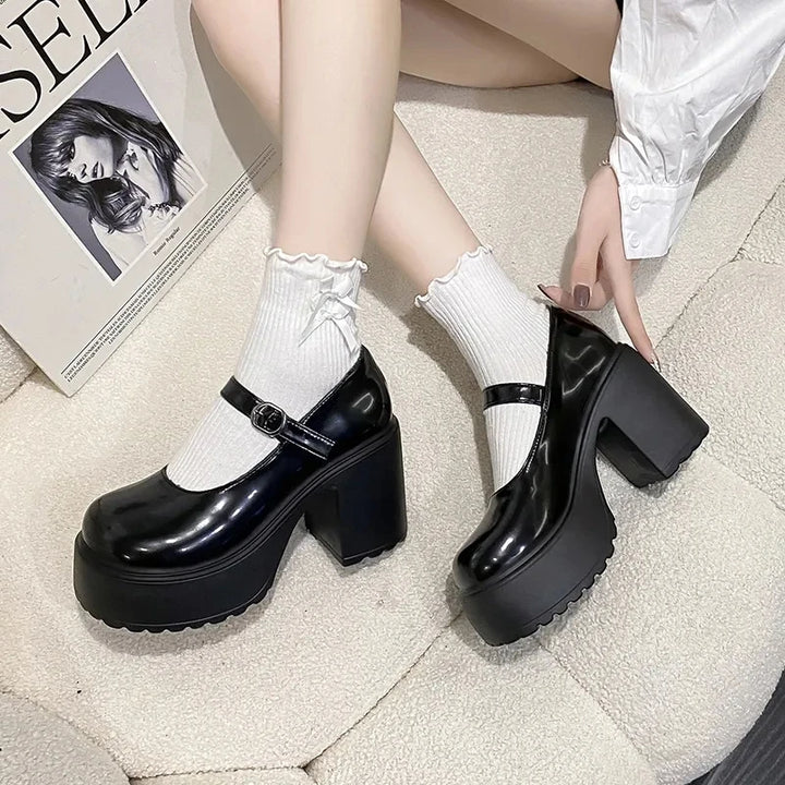 Black Chunky Platform Mary Jane Pumps for Women