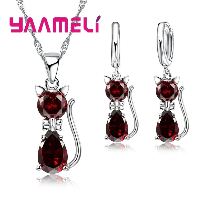 Cute Cat 925 Silver Crystal Jewelry Set for Women & Girls