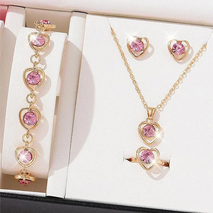5PCS Gold Heart-Shaped Rhinestone Jewelry Set for Women