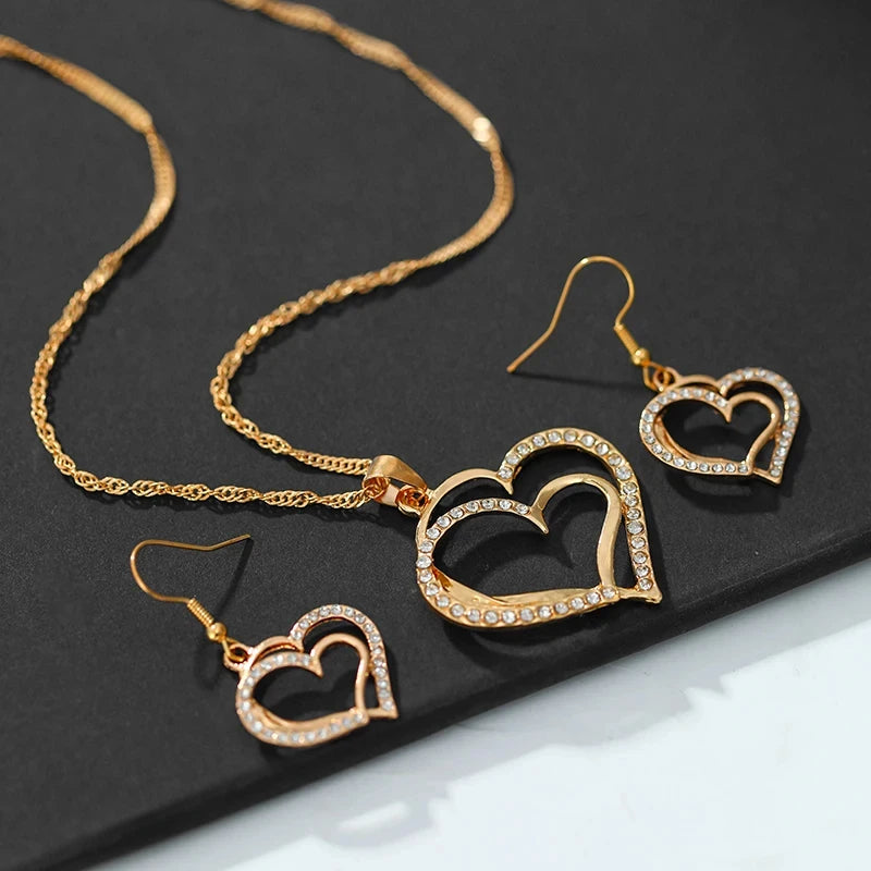 3 Pcs Heart Shaped Jewelry Set - Earrings, Pendant & Necklace for Women