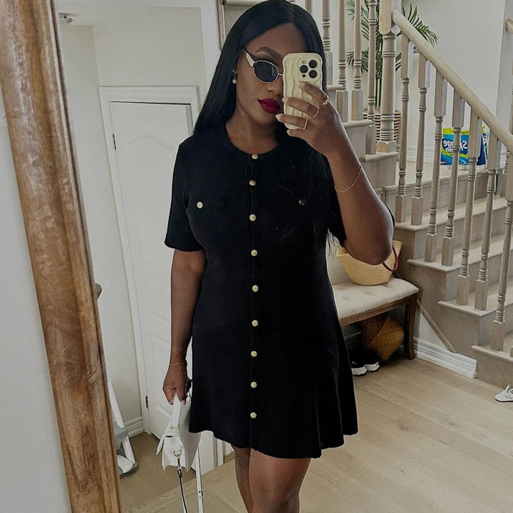 Elegant White Knitted Mini Dress with Metal Buttons – Slim Fit, Short Sleeve Party Dress for Women