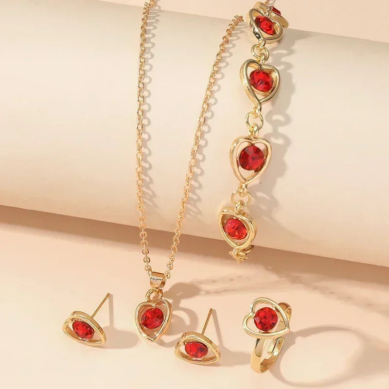 5PCS Gold Heart-Shaped Rhinestone Jewelry Set for Women
